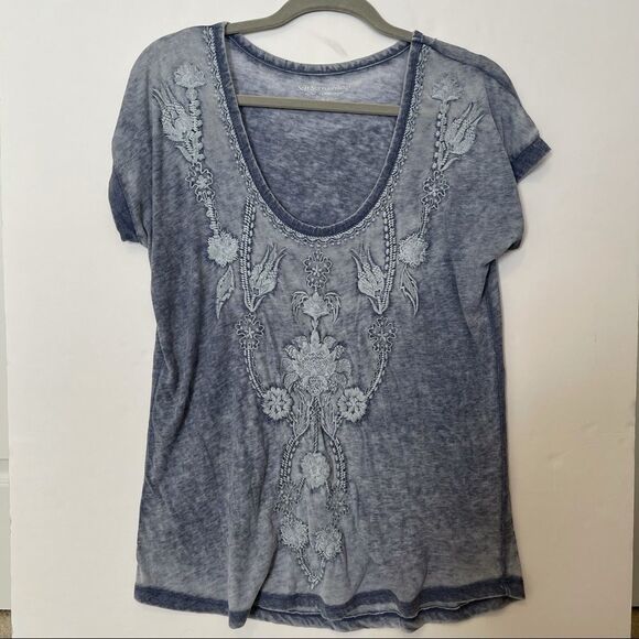 Soft Surroundings Blue Floral Embroidered T-Shirt - Picture 1 of 7
